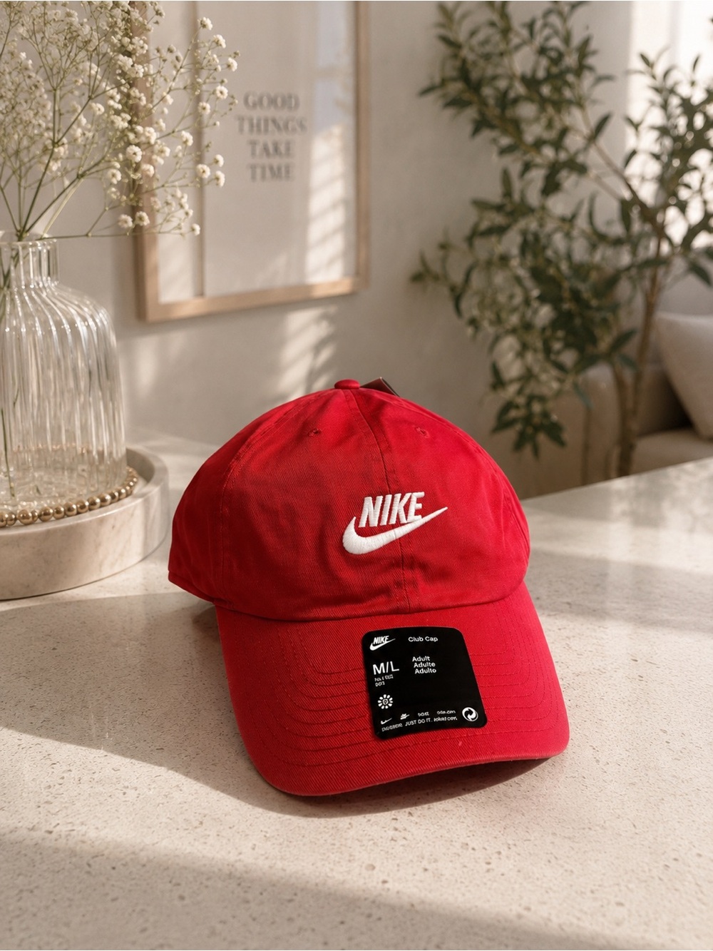 Nike Red & White Embroidered Logo Cap